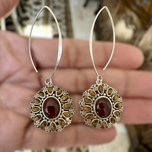 CFJ  Hook Dangle Earrings 2.5 Inch Carnelian Tiger Quartz 925 Sterling‎ 8.9g